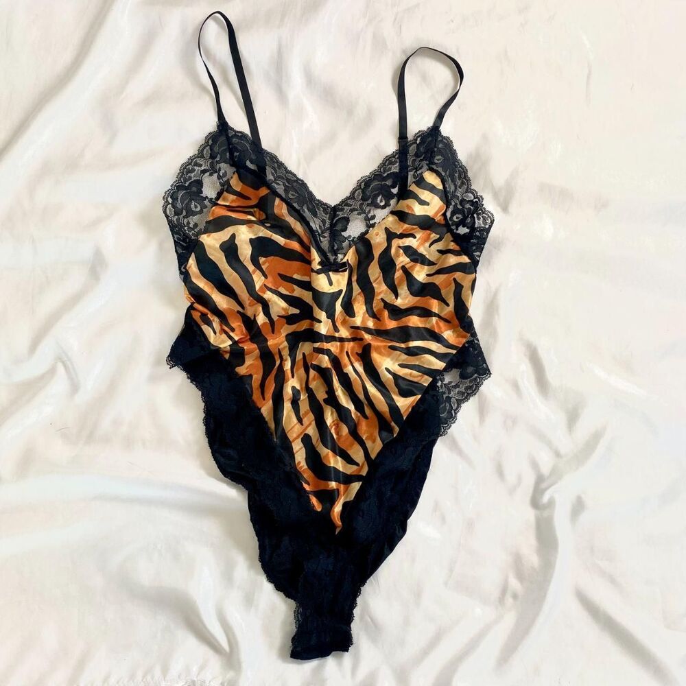 Intimate Moods Made in USA Vampy Bratty Satin Tiger Lace Lingerie Teddy Bodysuit